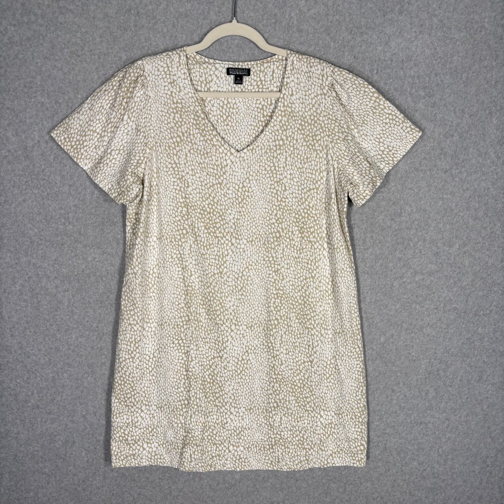 Nicole‎ Miller Linen Mini Dress XL Tan White Animal Print Pockets Neutral Resort